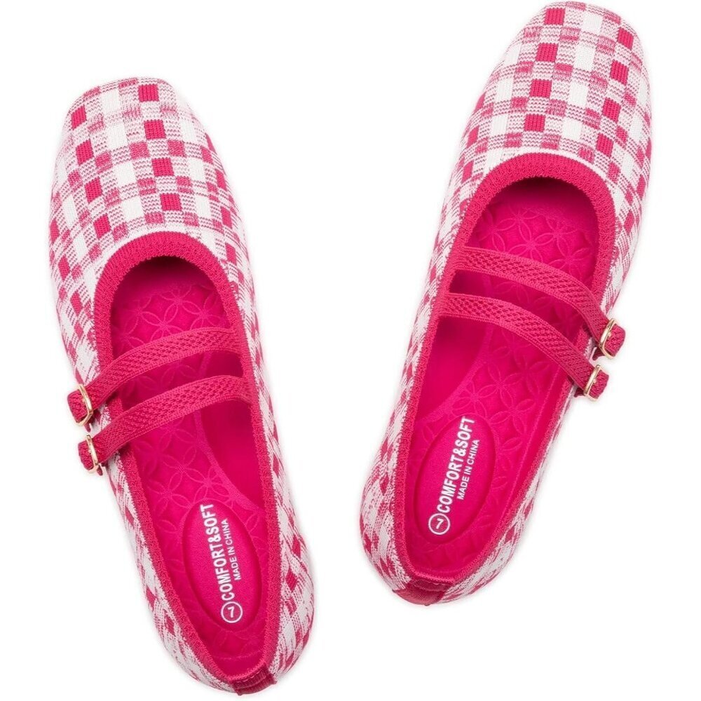 Frank Mully Women's Pink Fabric Square Toe Mary Jane Ballet Flats with Strap